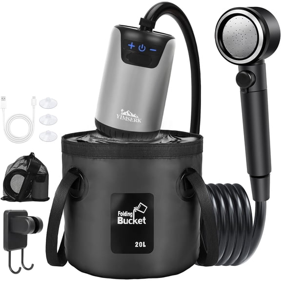 Yimserk 8000mAh Portable Camping Shower with 5 Gal Collapsible Bucket, 10-Speed Camp Shower Pump, LED Display, 4 Spray Modes, IPX8 Waterproof Outdoor Shower Kit for Hiking, Travel, Pet, Car Wash