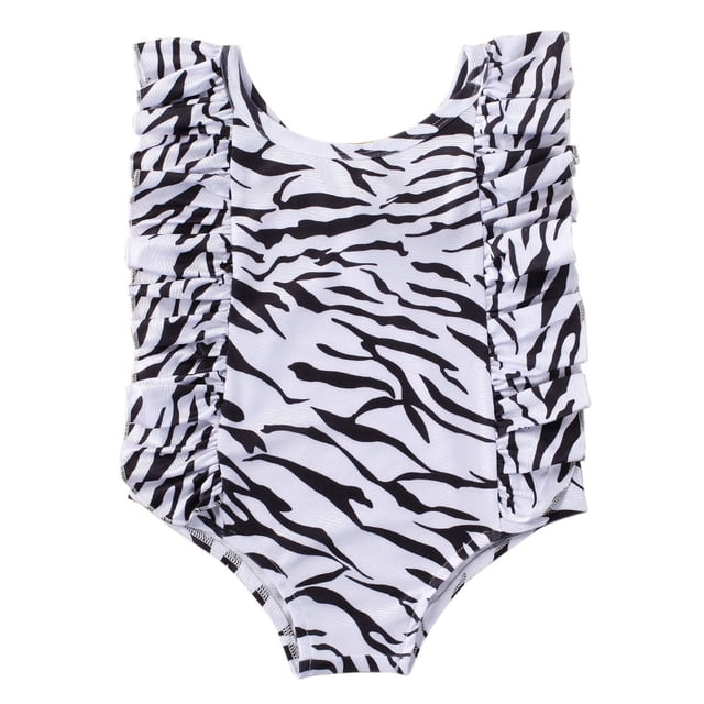 Xingqing Newborn Baby Kids Girls One Piece Ruffle Solid Color Zebra Print Swimwear