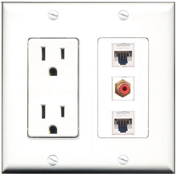RiteAV - 15 Amp Power Outlet 1 Port RCA Red 2 Port Cat5e Ethernet White Decorative Wall Plate