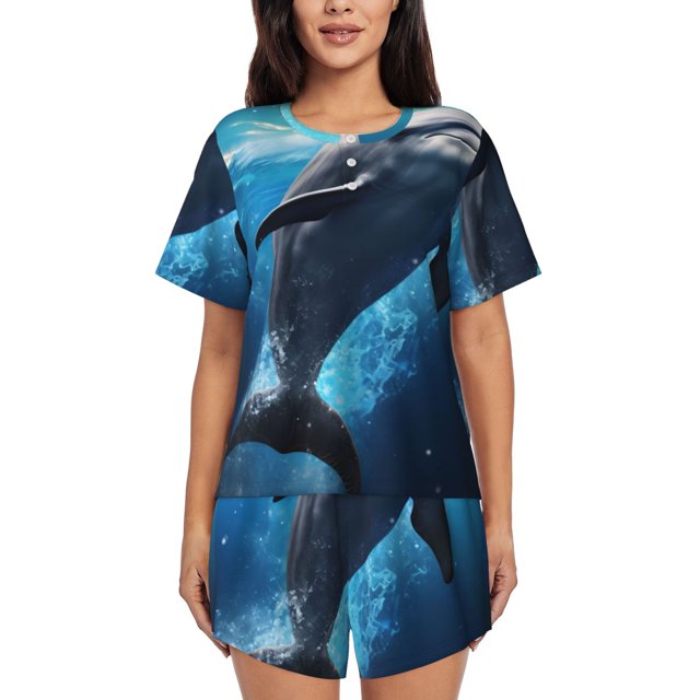 Xecao Ice Blue Ocean Cute Dolphin Pattern Women's Short Sleeve Pajama Set Soft Sleepwear Lounge Set with Button Front Top and Drawstring Shorts with Pockets-Medium