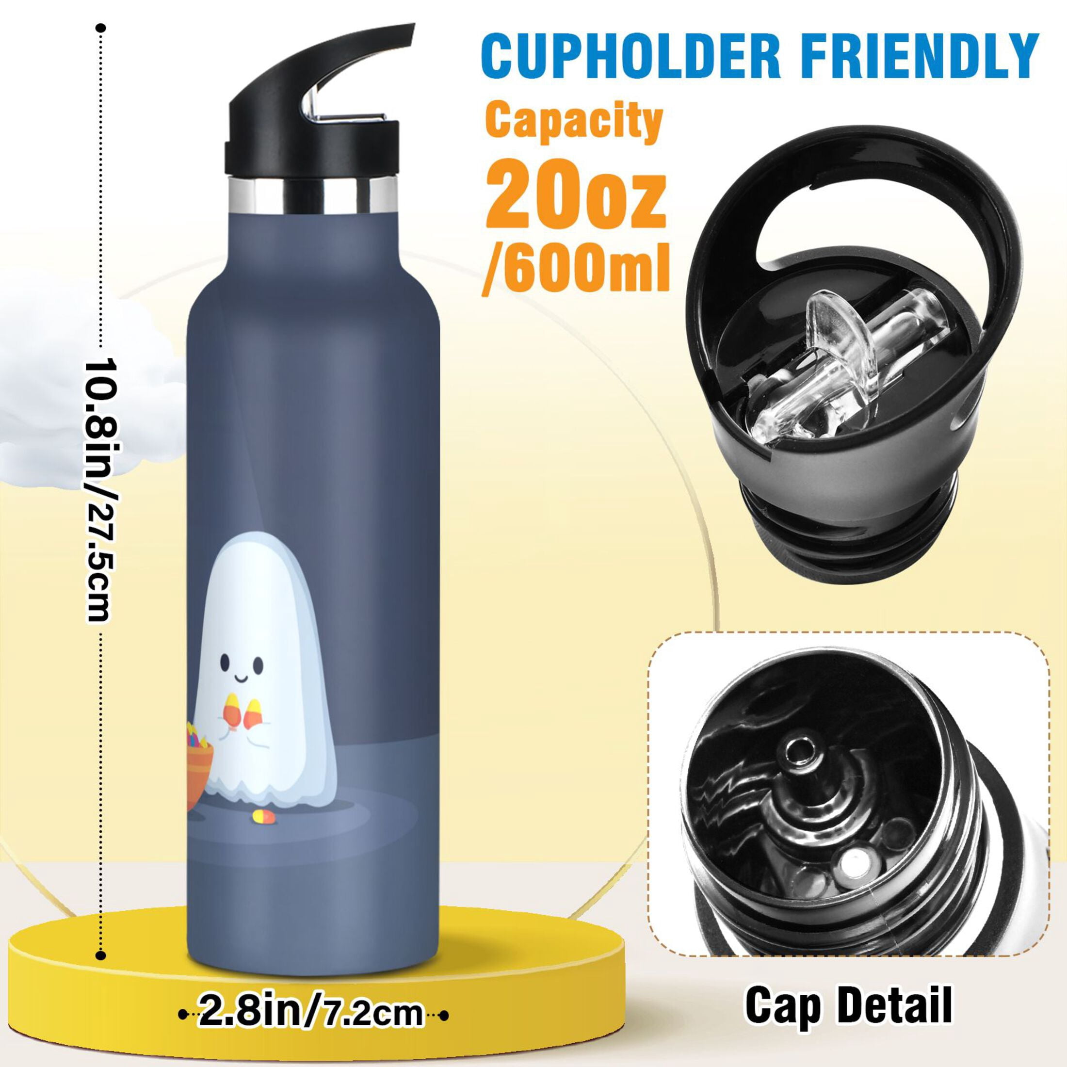 Kids Insulated Stainless Steel Sports Water Bottle 600ml (20oz) Little Ghosts Eating Candy