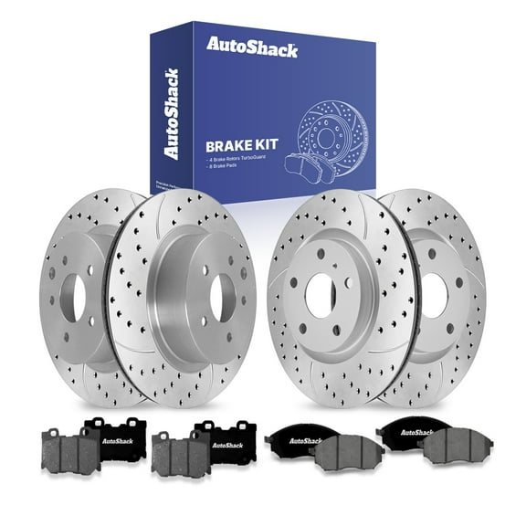 AutoShack Front Vented & Rear Vented Drilled & Slotted Coated Brake Rotors Silver Matte Finish   Premium Ceramic Pads 12-PC Brake Kit Replacement for 2013 INFINITI M37 2019 INFINITI Q70 TurboGuard