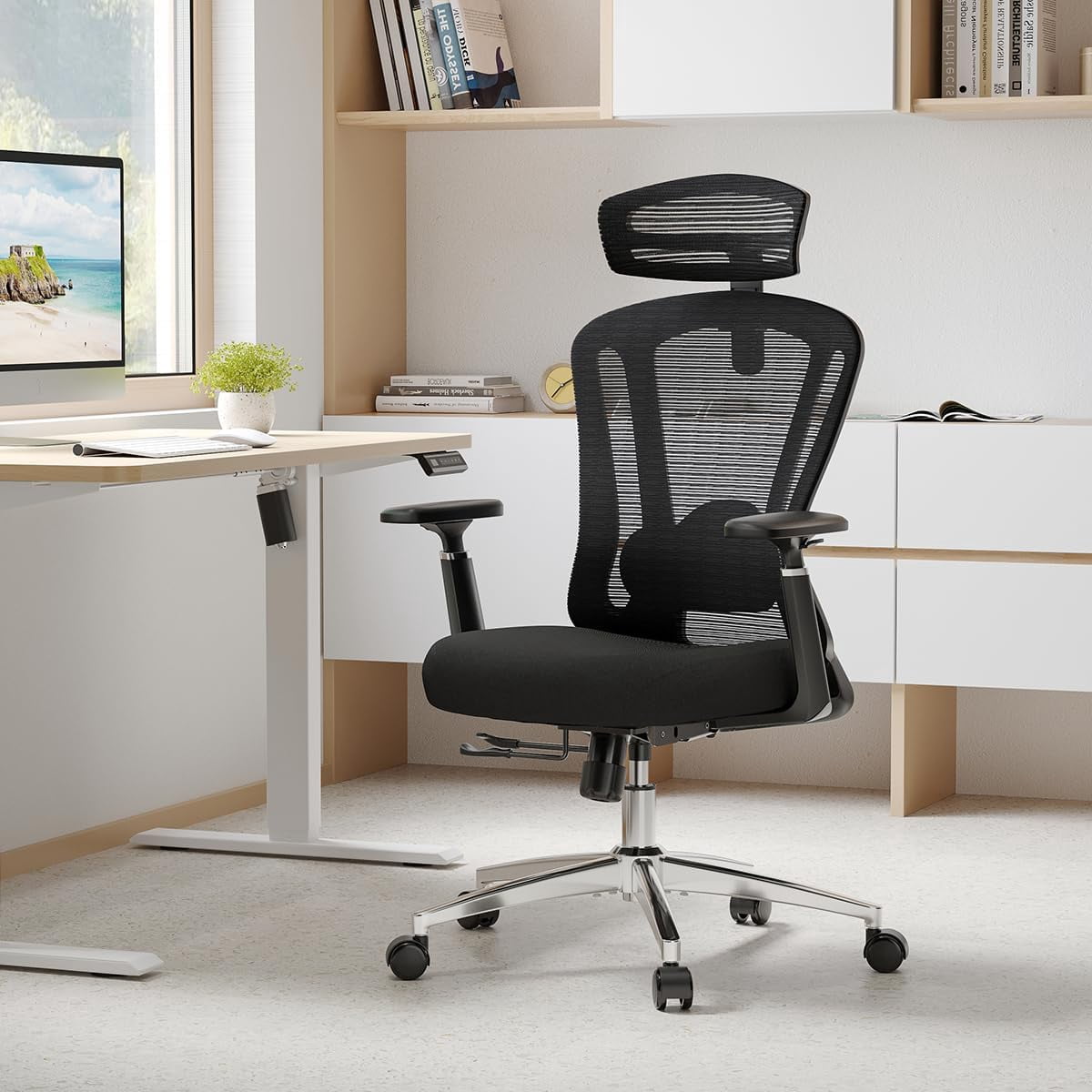 STARY High-Back Ergonomic Office Chair, Computer Desk Chair with Adjustable Seat Depth, 3D Armrests & Headrest, for Home or Office Use, Black