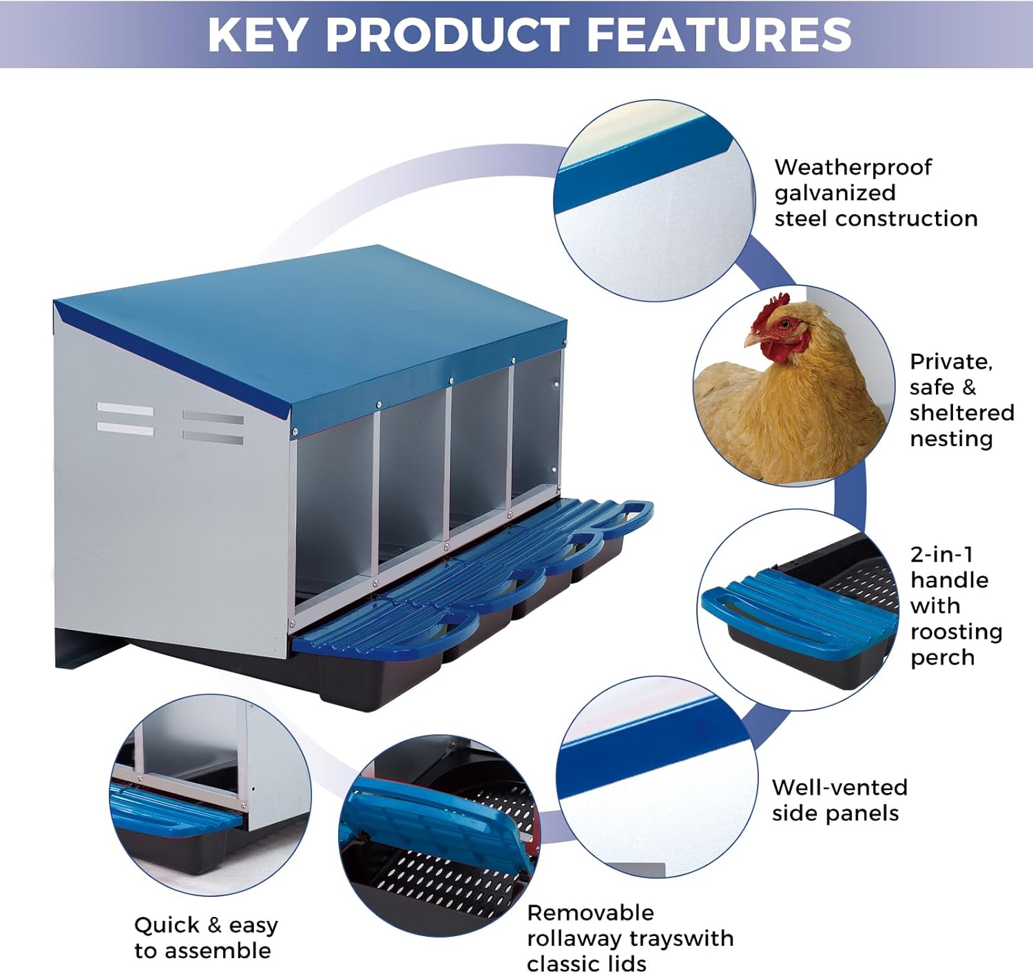 Sunvasagoo Zinc Alloy Chicken Nesting Box, 3/4 Hole Roll Away Egg Laying Box w/ Removable Tray, Wall Mount or Freestanding