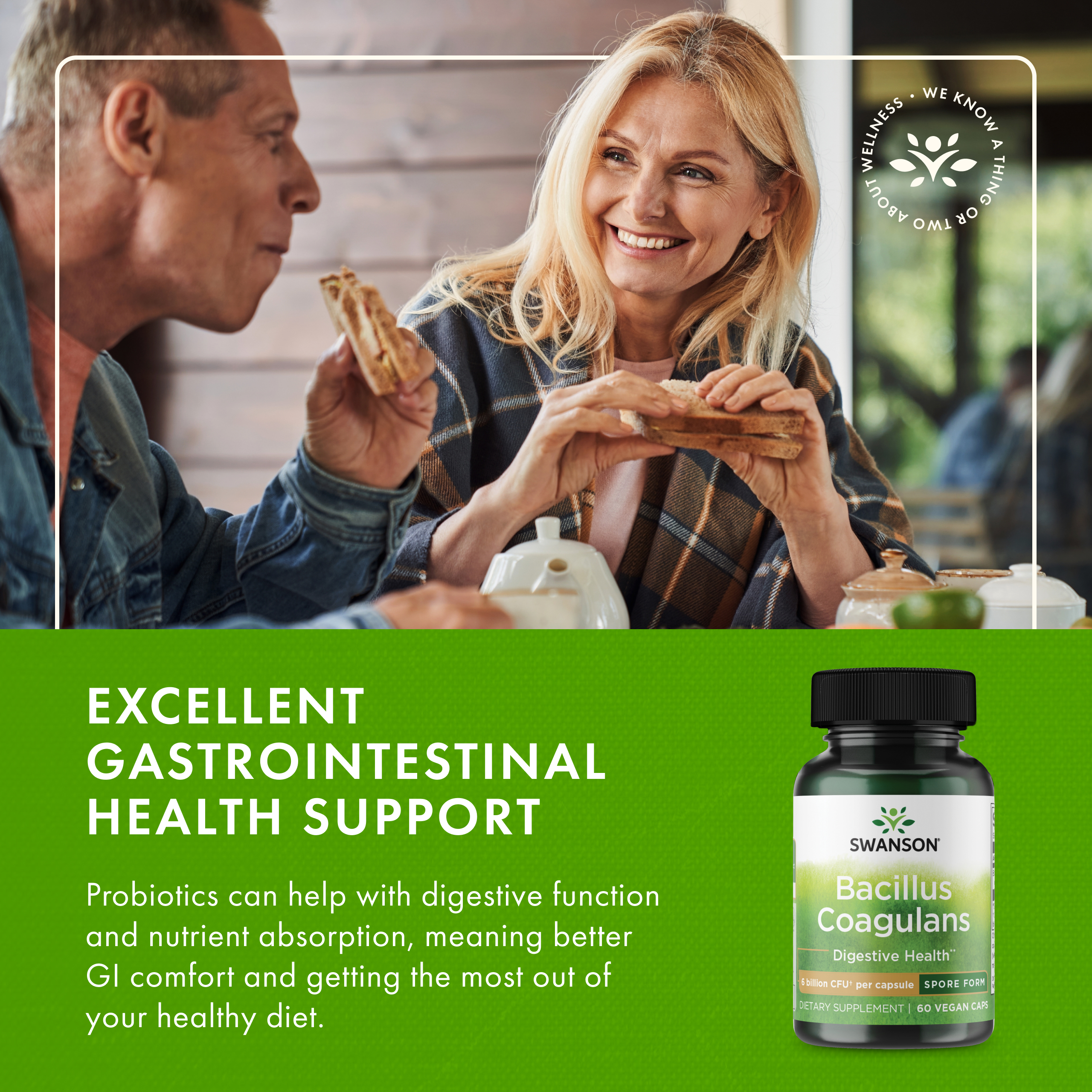 Swanson Bacillus Coagulans - Probiotic Supplement Supporting Digestive Health with 6 Billion CFU - Natural GI Health Support - (60 Veggie Capsules)