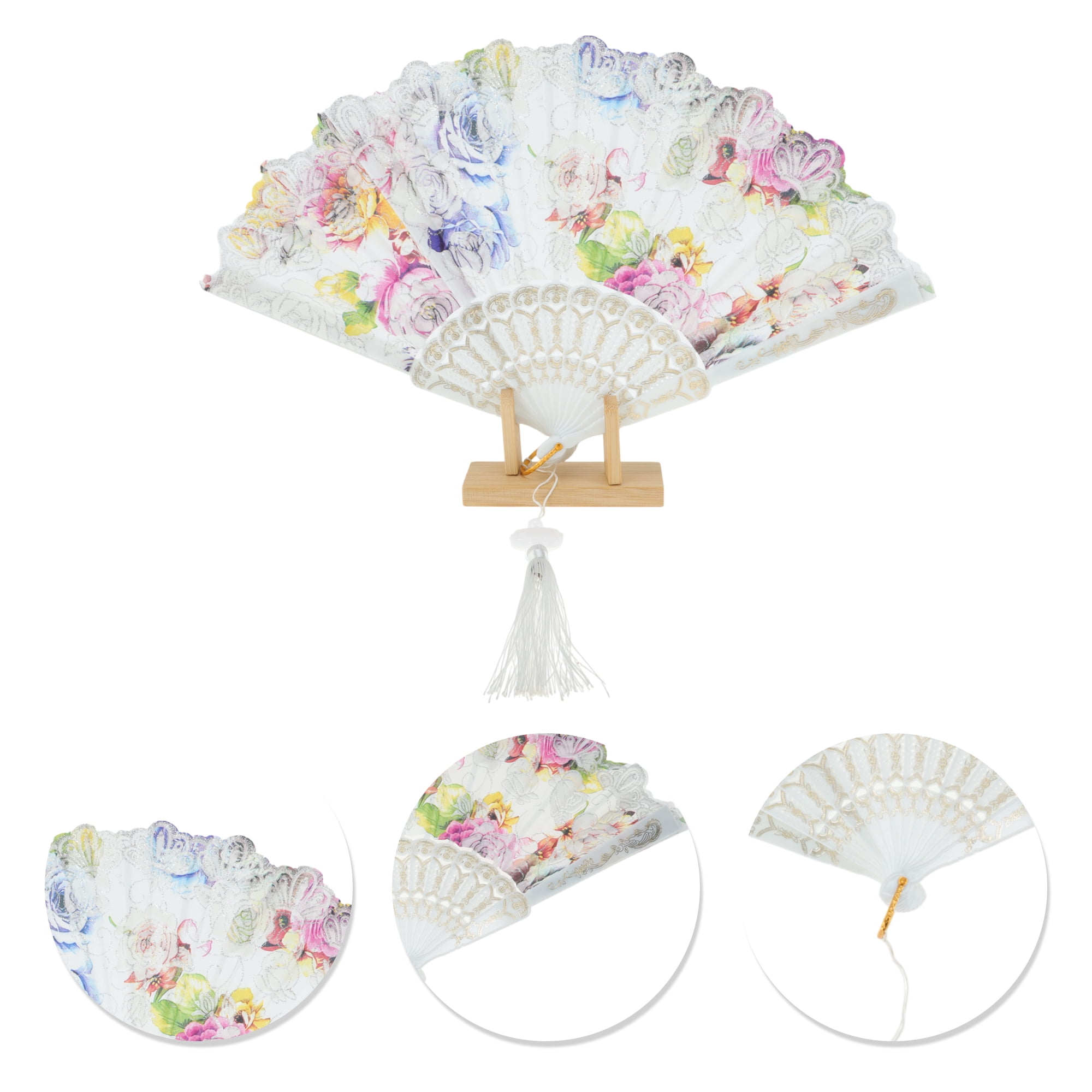 Unique Bargains Rose Print With Tassel Folding Fan 1 Pc For Summer Decorations White