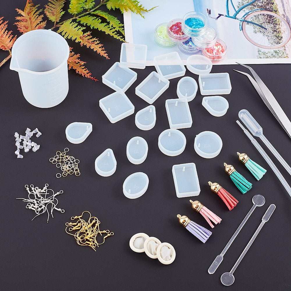 DIY Jewelry Sets Kits with Silicone Pendant Molds Faux Suede Tassel Pendant Iron Split Key Rings & Earring Hooks Nail Art Sequins Clear