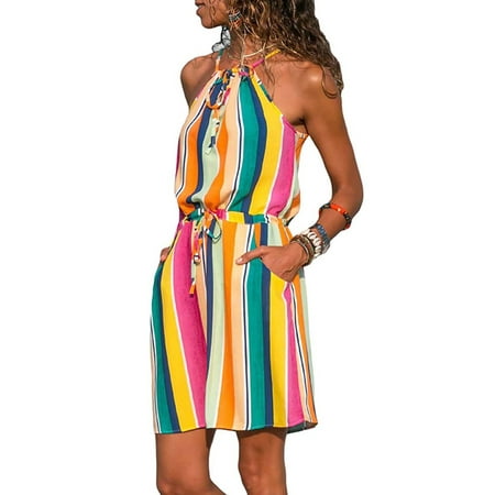 - Sleeveless Halter Neck Beach Dresses For Women Spaghetti Strap Floral Print Short Mini Dress Summer Casual Party Beach Holiday Sundress