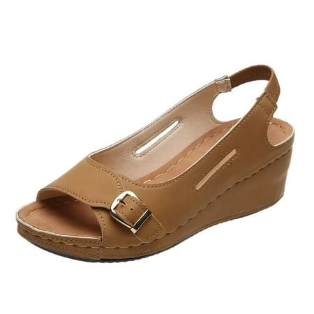 

Womens Summer Wedge Buckle Decor Sandals Outdoor Slip On Peep Toe Shoes