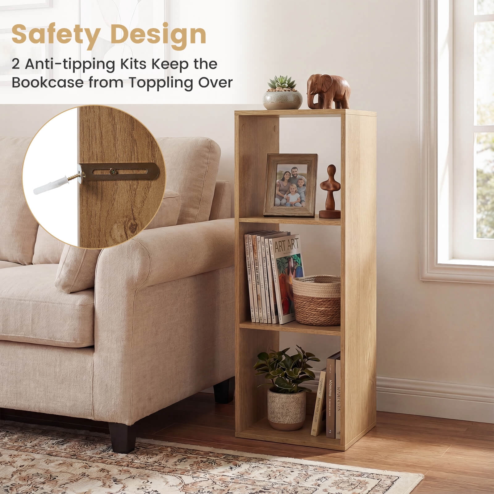 Costway 3-Cube Bookshelf, Modern Vertical Bookcase with Back Guardrail & Anti-tipping Kits Natural