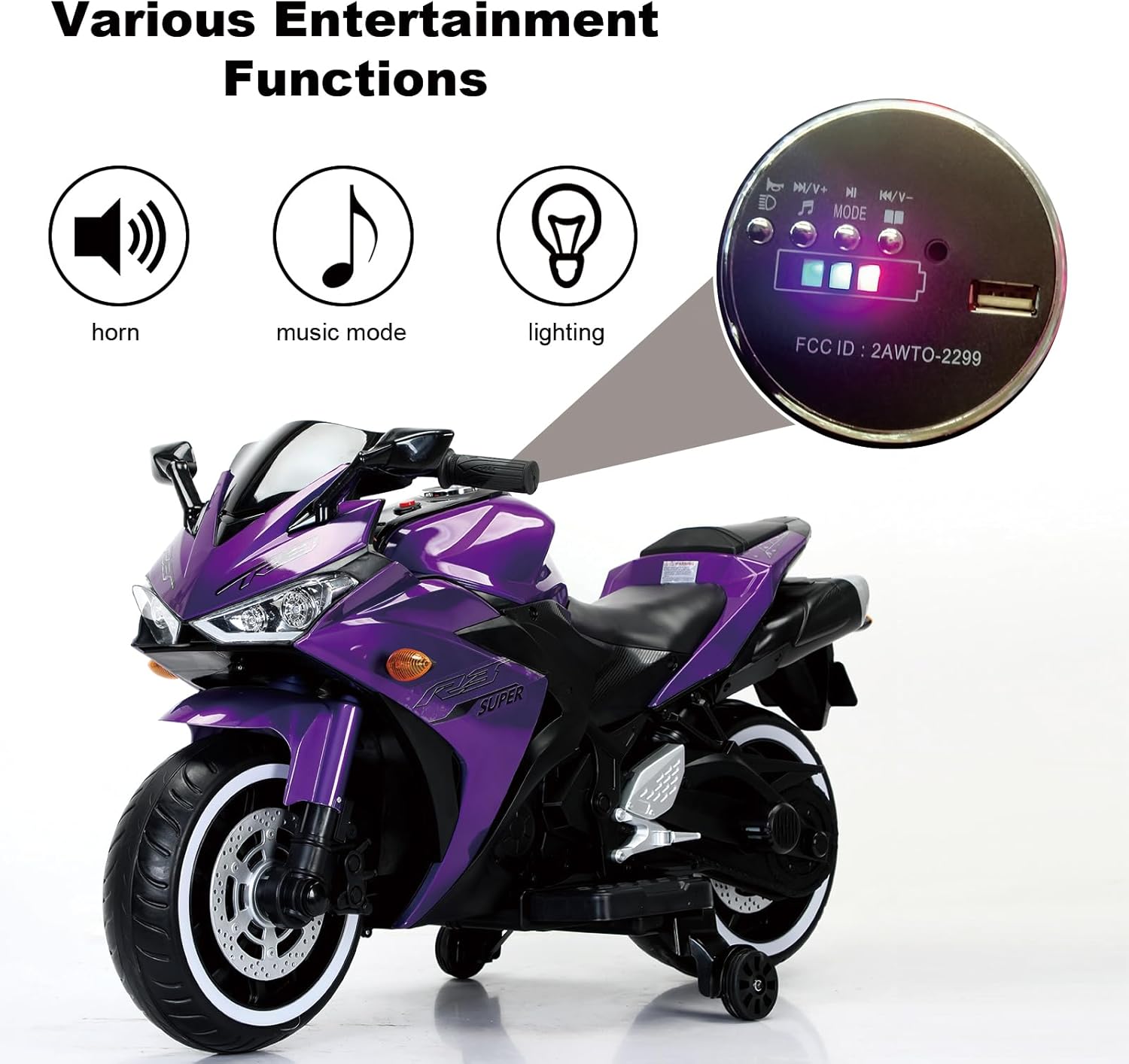 HONGLONG 12V Motorcycle for Kids, Children Battery Motorcycle 2 Wheels Motorbike Ride on Kids Electric Motorcycle with Lighting Wheels/LED Lights, Music, Purple