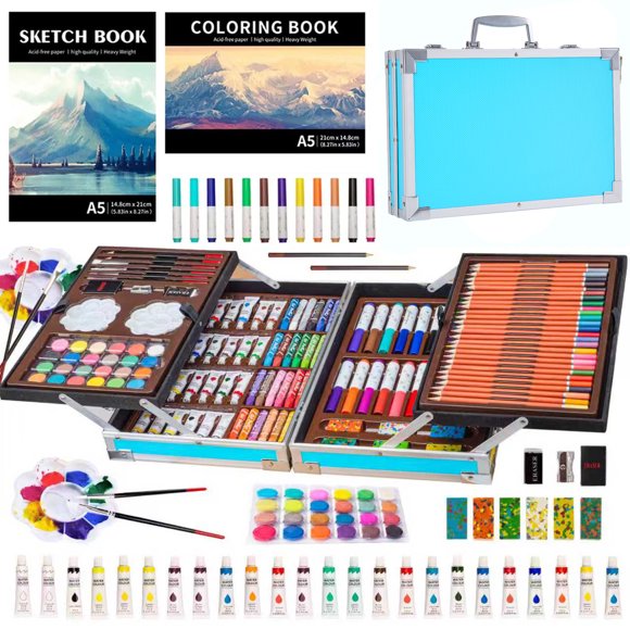 KINSPORY 139 pack Deluxe Portable Double Layers Coloring Drawing Kit with Sketch Pads, Art Set Gift for Artist Adults Beginners Kids (Blue)