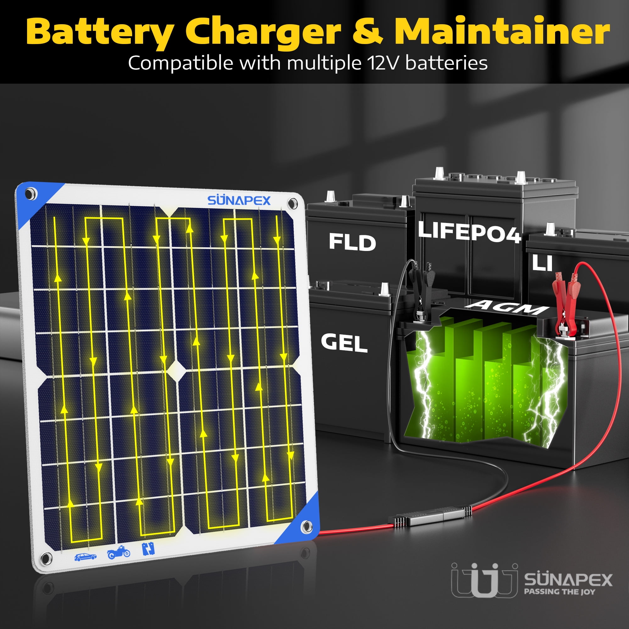 SUNAPEX Solar Battery Charger Maintainer 12 Volt Waterproof Solar Panel Charger 20W Solar Trickle Charger for Car Truck Boat RV Motorcycle Marine Tractor Battery