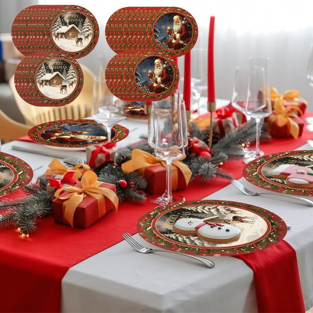 16 Platos Desechables de Papel Navideños de 23 X 23 X 2 Cm | Vajilla para Fiestas Navideñas de Invierno | Multicolor | 195 G | Ideal para Fiestas Navideñas