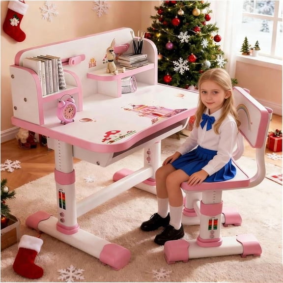 YNCE Grebest Height Adjustable Children's Desk and Chair Set with Storage Drawers for Home and Bedroom, Divided, School Study Room,Good for Homework,Gift for Boys and Girls