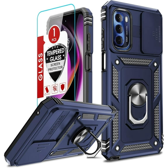 for Moto-G-Stylus-5G-Case-2022 (XT2215), Motorola G Stylus 5G Phone Case with Screen Protector and Slide Camera Cover, Military-Grade Protective Case with Ring Stand Moto G Stylus 5G 2022, Blue