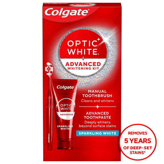 Colgate Optic White Advanced Teeth Whitening Toothpaste and Adult Whitening Toothbrush Kit