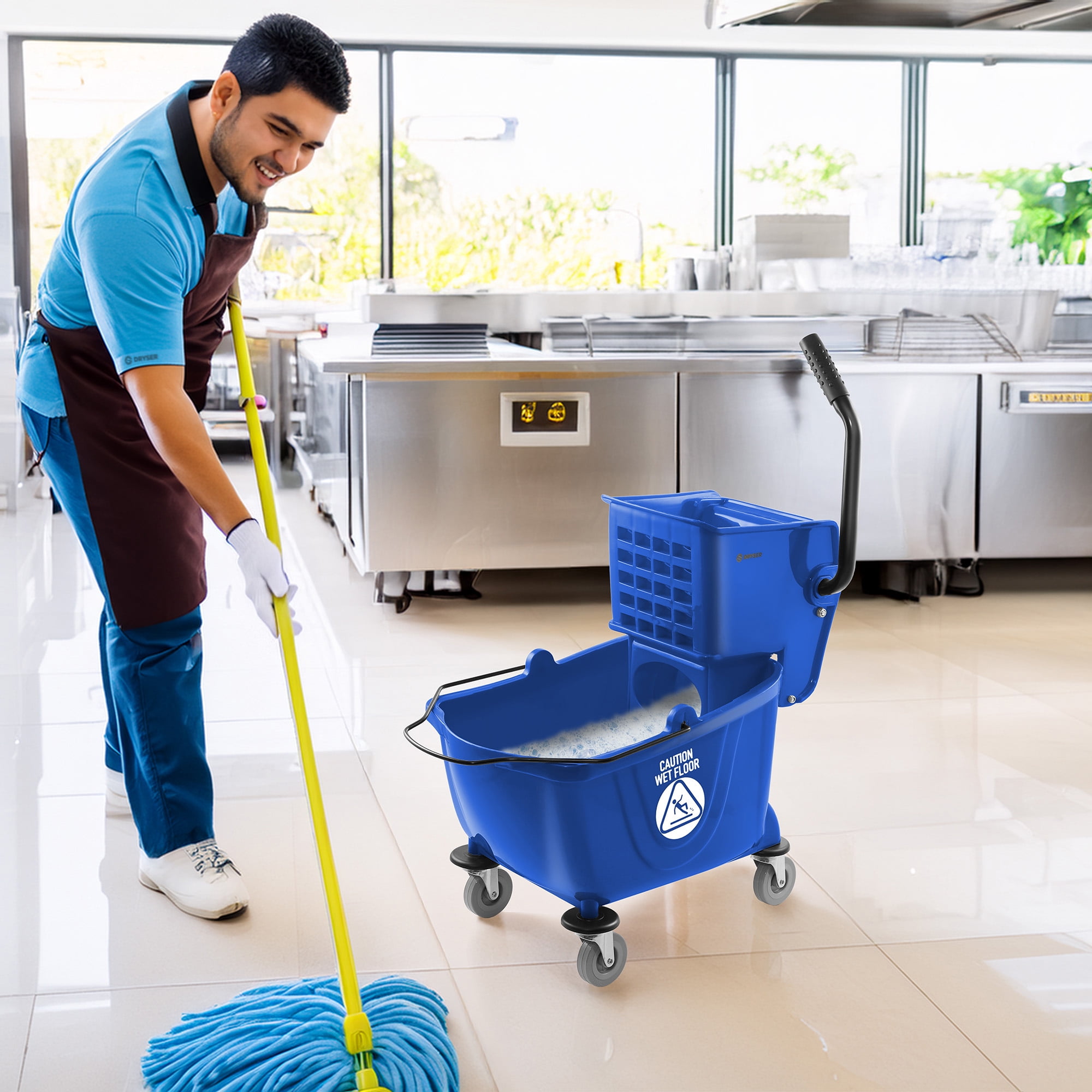 Dryser Commercial Mop Bucket with Side Press Wringer, 26 Quart, Blue