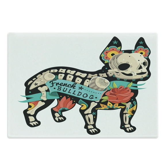 Bulldog Cutting Board, Gothic Artwork Puppy Silhouette with Skeleton and Colorful Flowers French Bulldog, Decorative Tempered Glass Cutting and Serving Board, in 3 Sizes, by Ambesonne
