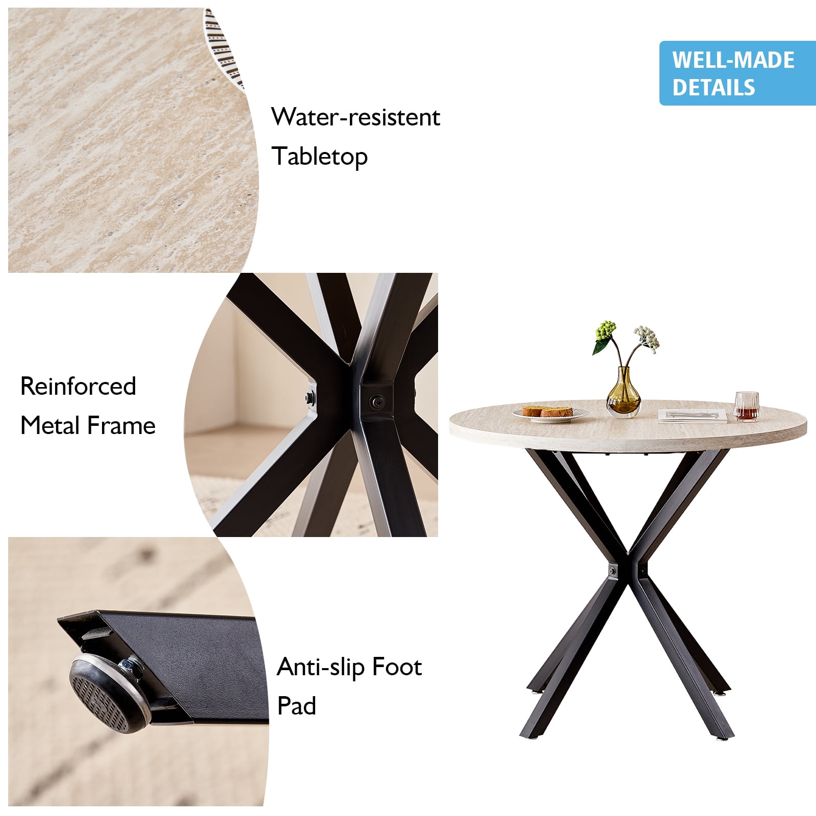 39 Inch Round Dining Table for 4, Mid-Century Kitchen Leisure Table for Apartment Living Room Space Saving, Metal Cross Legs, Light Stone Pattern