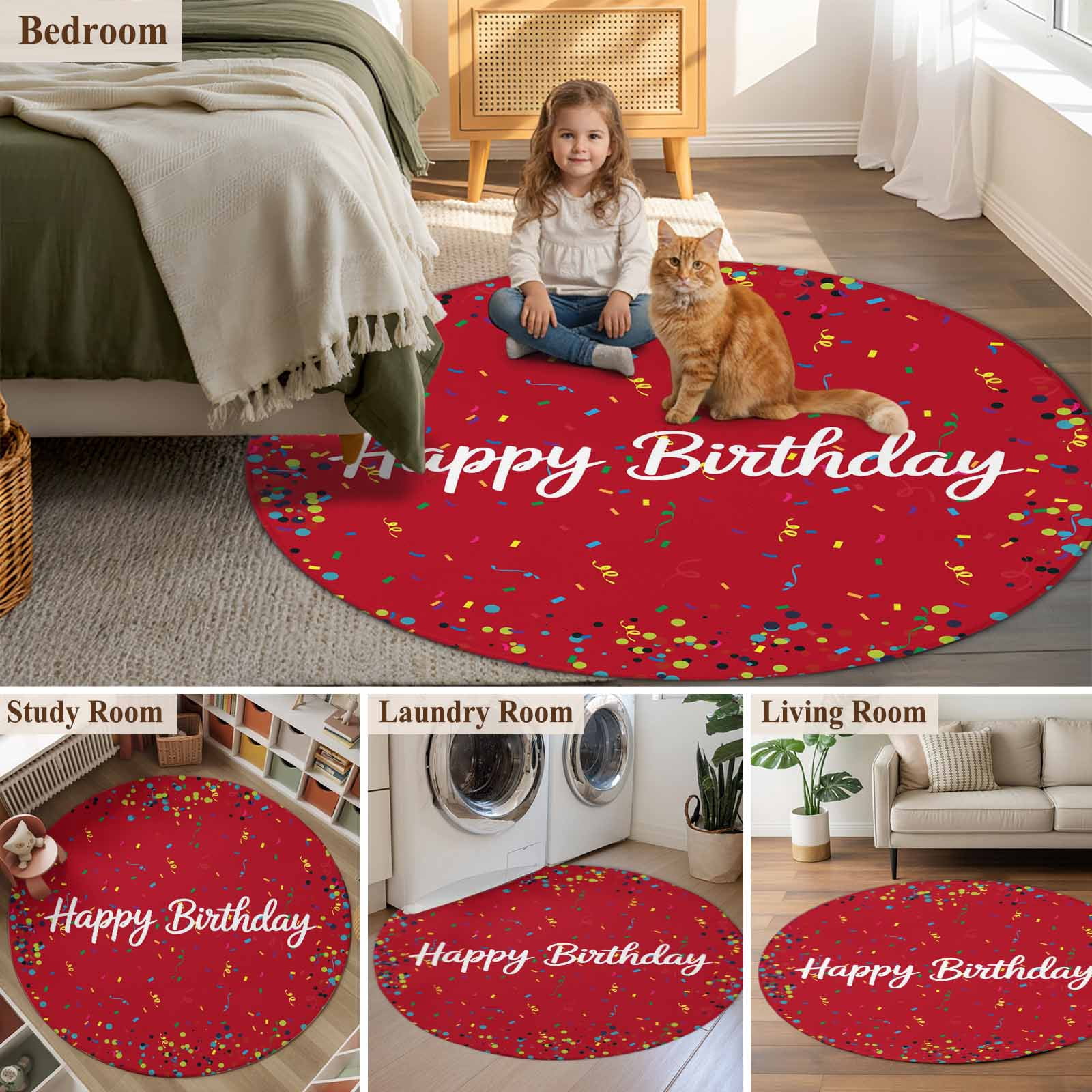 Red Birthday Large Area Rugs for Bedroom Living Room, Soft Non Slip Carpet Bedside Rug, Colorful Confetti Ribbons Polka Dots Classroom Round Floor Cover Kitchen Accent Rug 5' for Dining Room/Office