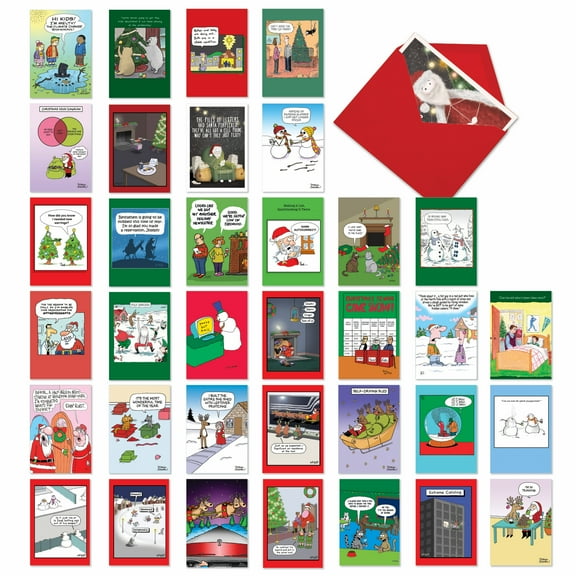 36 Assorted Set Funny Christmas Greeting Cards - Merry Toons - Seasonal Illustrations of Kids, Cats, Clauses, and Snow People