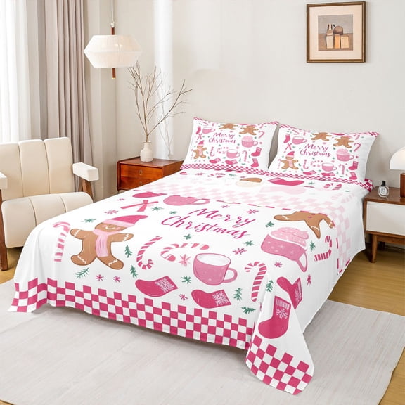 Feelyou Cute Gingerbread Man Full Size Sheets, Cartoon Christmas Bed Sheets, Teens Kids Women Girls Sheet Sets, Breathable Home Decor, 4pcs
