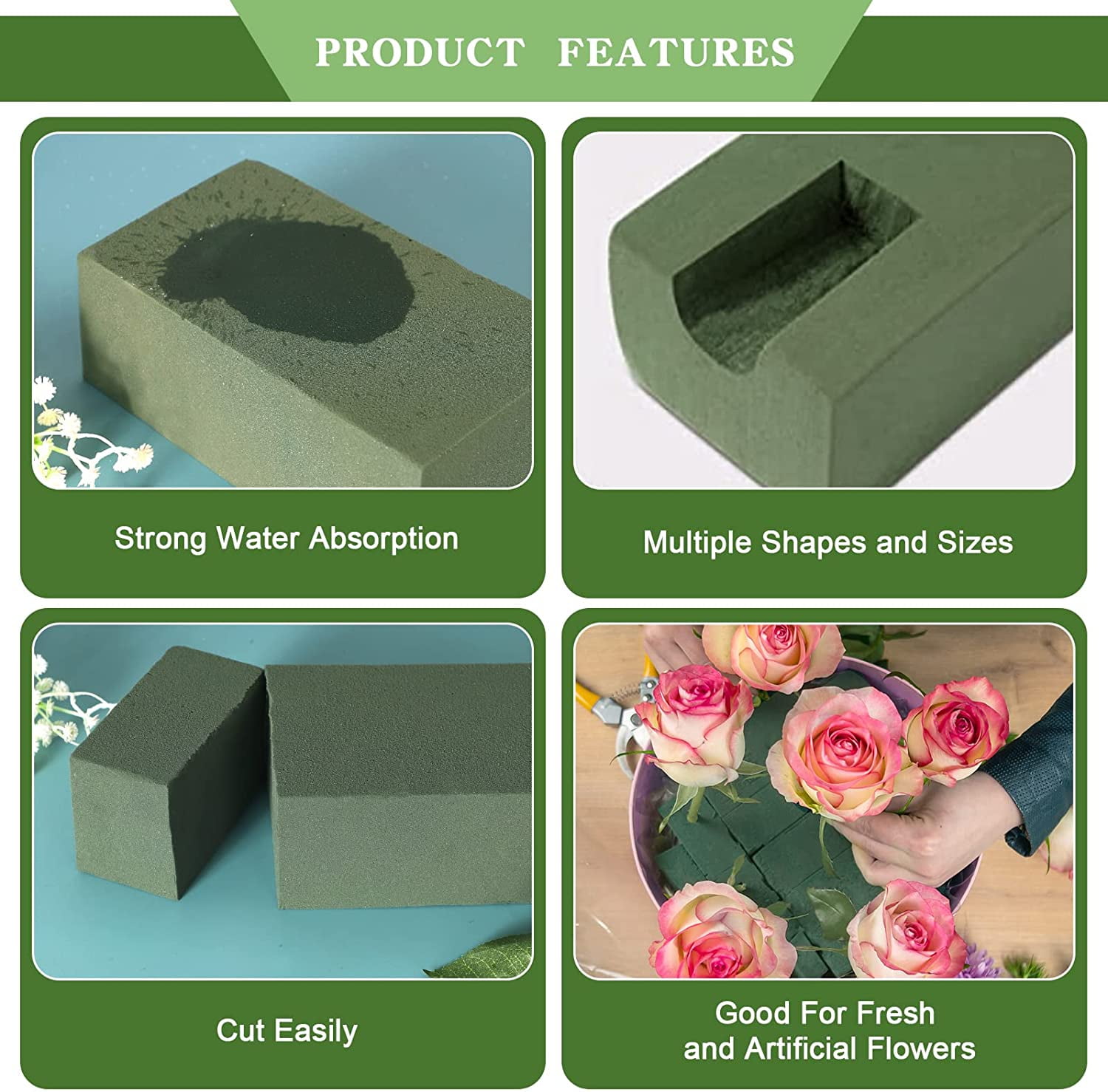 Pack of 4 Wet Floral Foam Bricks, Happon Green Foam Blocks for Flower  Arrangement, Wedding, Party Decoration 