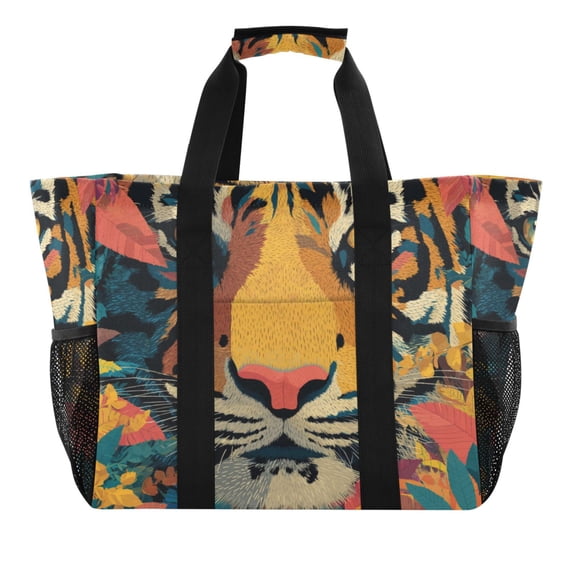 Large Handbag Waterproof Tote Laundry Bag Beach Bag Pool Bag Travel Tote Bags Kitchen Reusable Grocery Bags Orange Tiger Cartoon