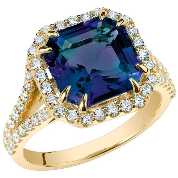 PEORA 5.40 Carats Created Alexandrite and Lab Grown Diamond Ring in 14K Yellow Gold, Color-Changing Cushion Cut, Size 9