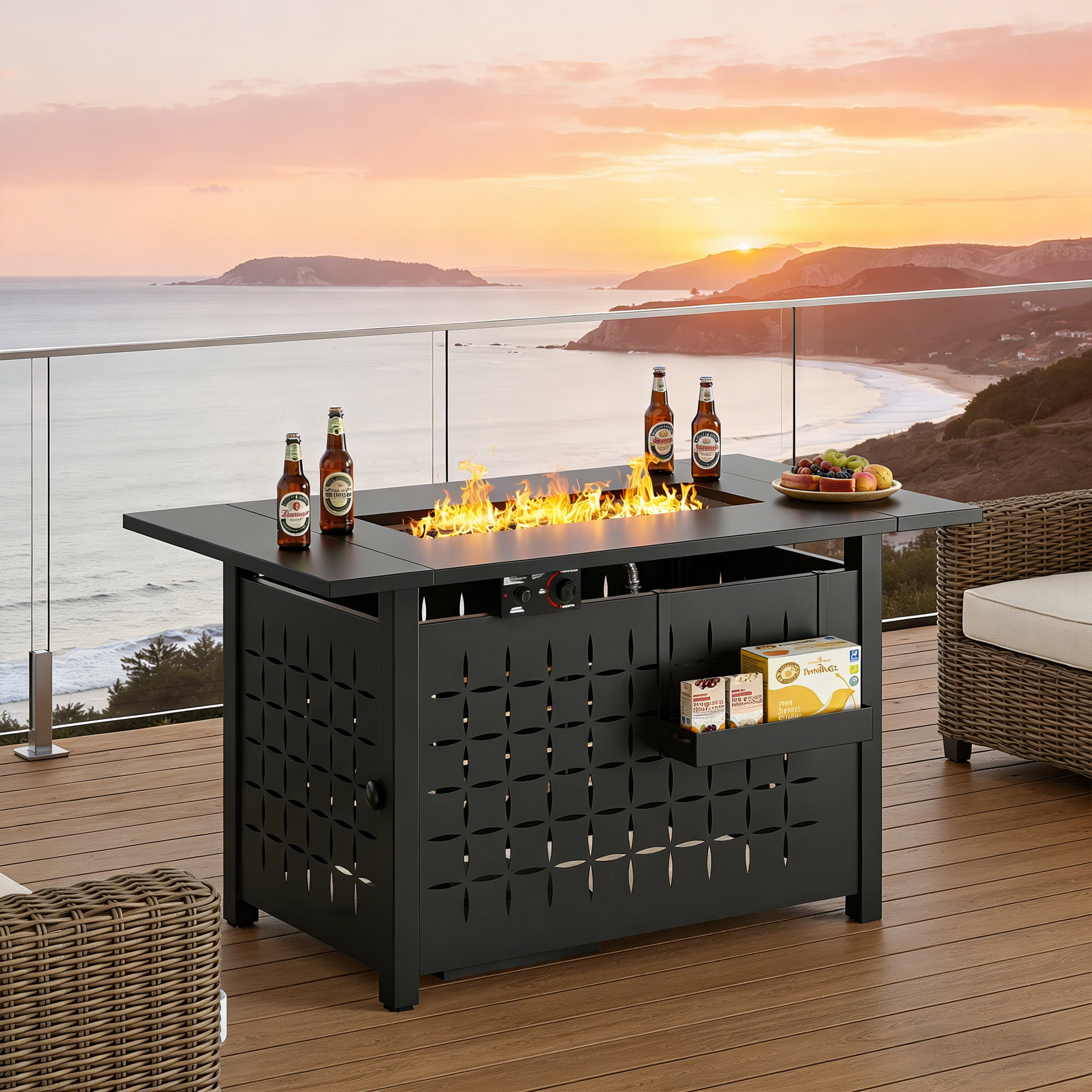 Enyopro 43" Propane Fire Pit Table, 60,000 BTU 2-in-1 Auto-Ignition Rectangular Fire Pit with Hidden Propane Tank Design, Lava Rock & Steel Lid for Patio, Porch, Garden, CSA & ETL Certified