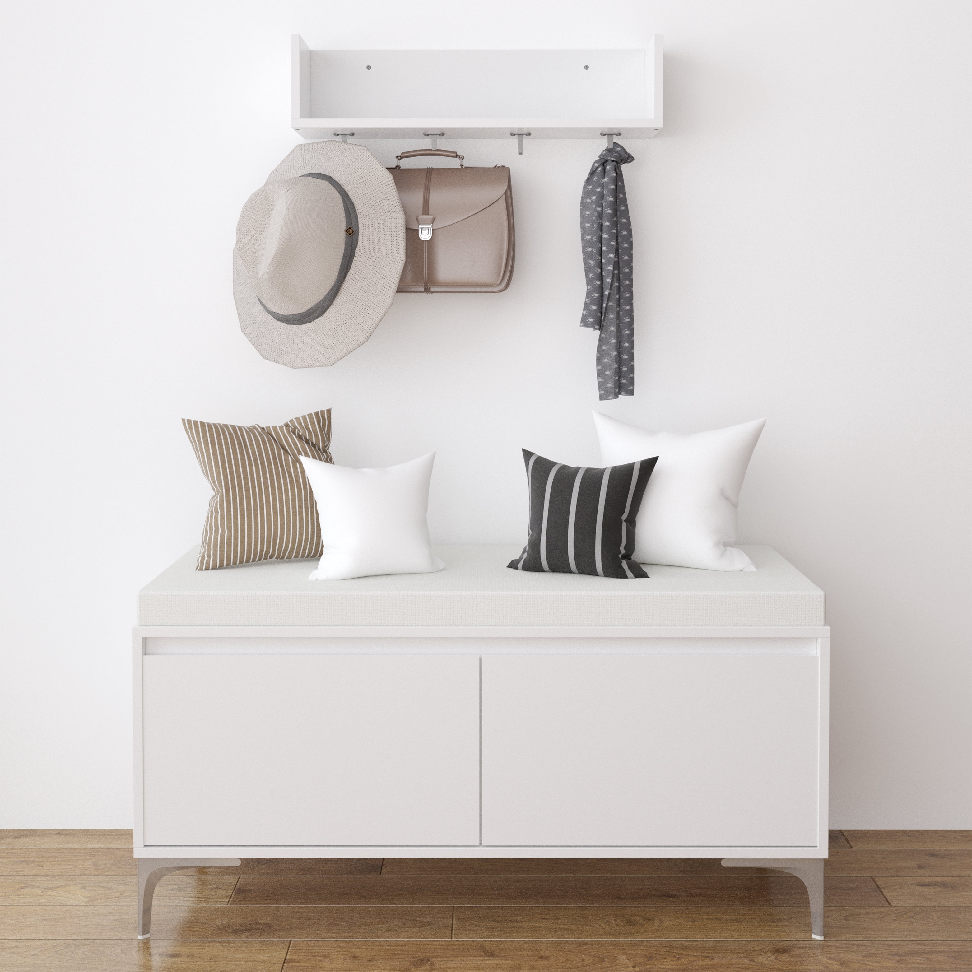 Wall-Mounted Entryway Shelf with Hooks and Storage Bench Set, Off White Metal & Wood Shoe Cabinet with Cushion