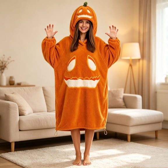 Halloween Pumpkin Wearable Blanket Oversized for Women Long Sleeve Loose Pajamas Pumpkin Hooded Loungewear