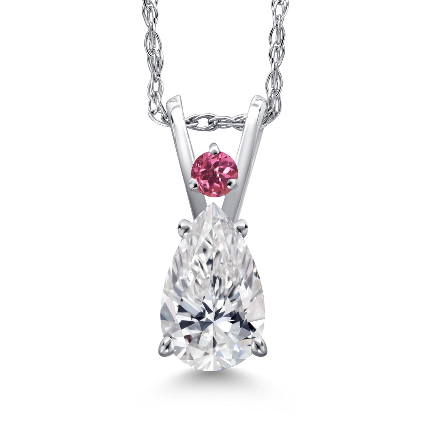 Gem Stone King 14K White Gold DEF Lab Grown Diamond and Pink Tourmaline Pendant Necklace for Women | 0.55 Cttw | Gemstone April Birthstone | Pear Shape 7X5MM | With 18 inch Chain