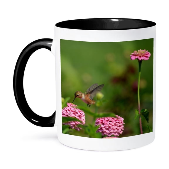 3dRose, Beautiful Hummingbird in Flight with Zinnia Flowers - Summer Photography, 11oz Two-Tone Black Mug