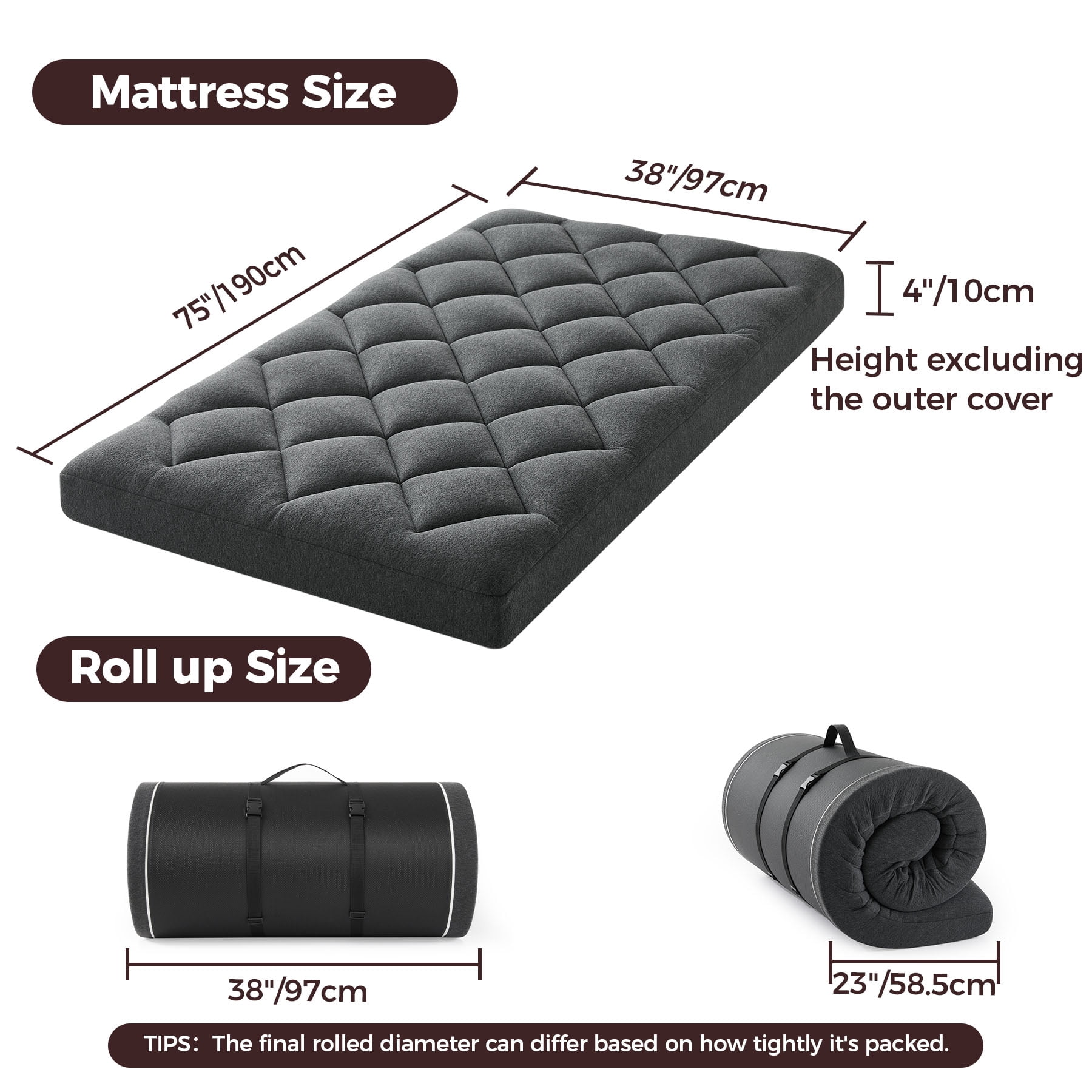 Jamdok 4" Twin Size Pillow Top Futon Mattress,Memory Foam, Roll Up Floor Mattress for Sleeping,Guest Bed with Removable Cover, 75×38×4 Inches