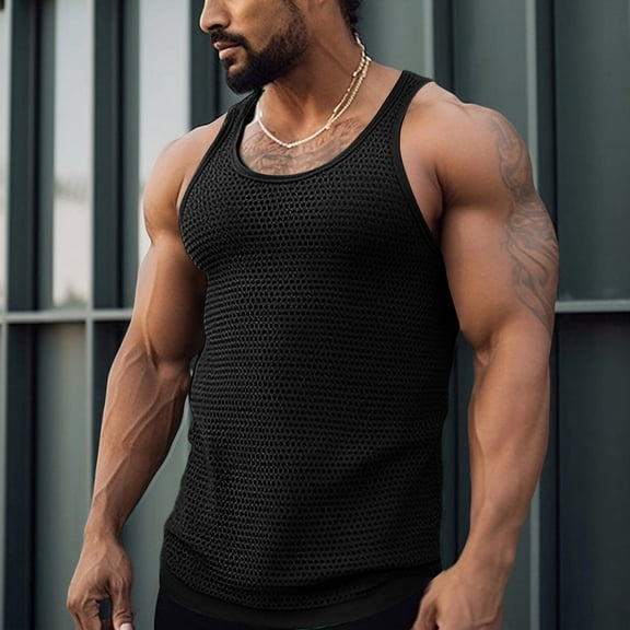 Domuza Knitted Tank Tops for Men Casual Sleeveless See Through Mesh Tank Tops Beach Muscle Knit Vest Black XL