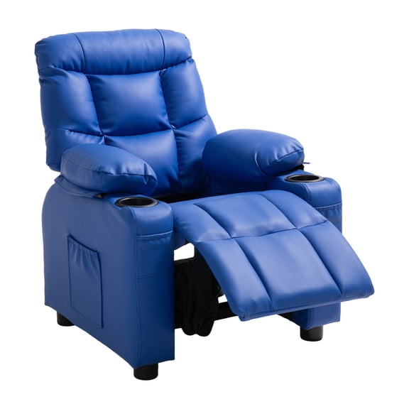 Kids Recliner Chair with 2 Cup Holders 4 Pockets Adjustable Back 107-126° Easy Clean PU Leather Footrest for Boys Girls Blue
