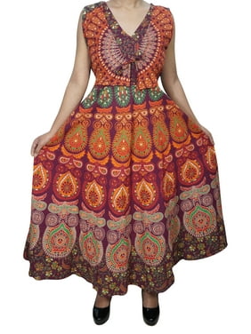 Mogul Womens Summer Maxi Dress Printed Sleeveless Cotton Summer Fashion Gypsy Hippie Chic Long Dresses