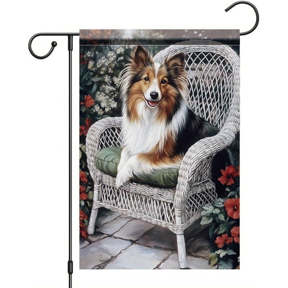 Shetland Sheepdog Garden Flag 12x18 Inch Double Sided Floral Outdoor Banner with Dog on Wicker Chair for Porch Lawn Patio Decor