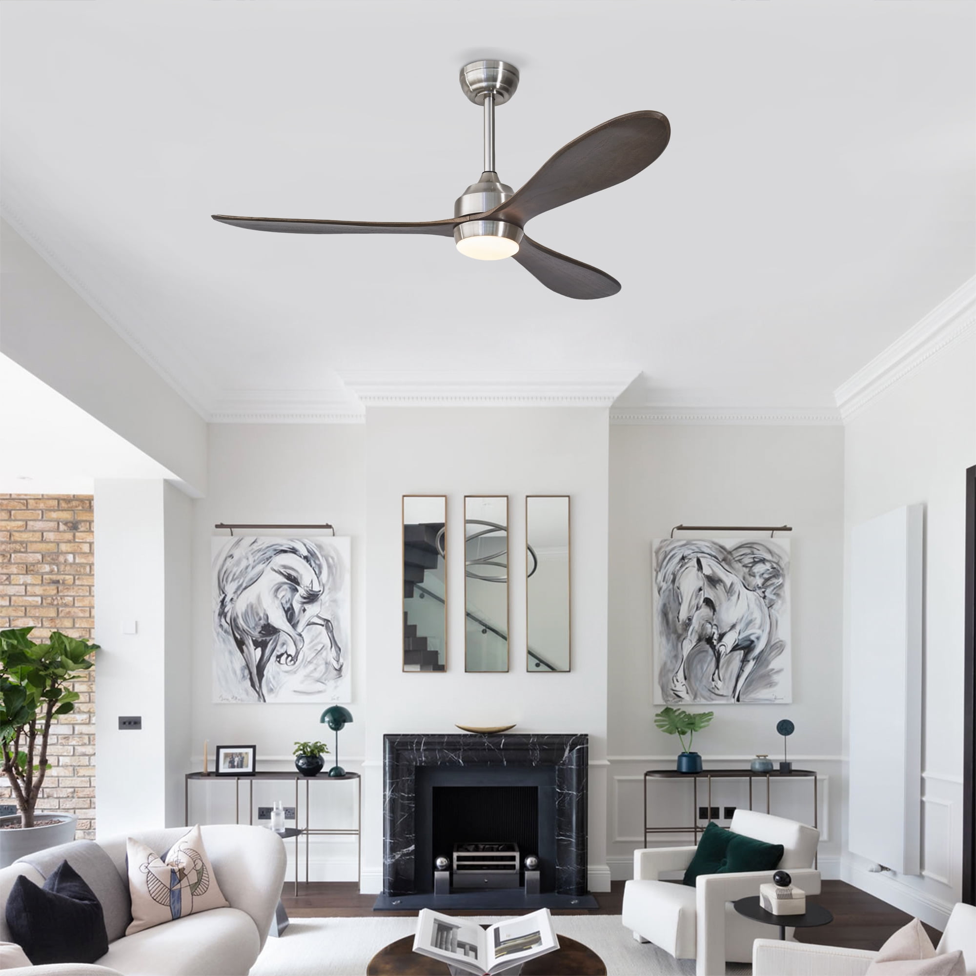 Eowynic 52-Inch Industrial Ceiling Fans with Lights, DC Motor, 6 Speed, Remote Control, 3 Blade,  Nickel