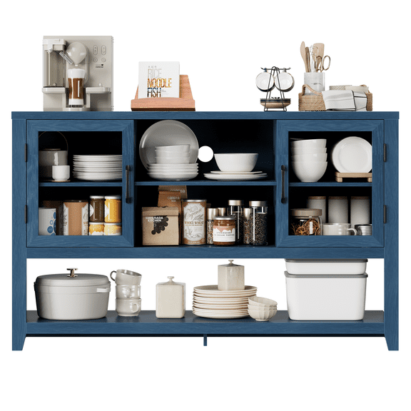 Sideboard Buffet Cabinet with Storage,53" Large Credenza with 2 Glass Doors and 3 Shelves,Farmhouse Wood Kitchen Coffee Bar for Living Room, Entryway, Dining Room