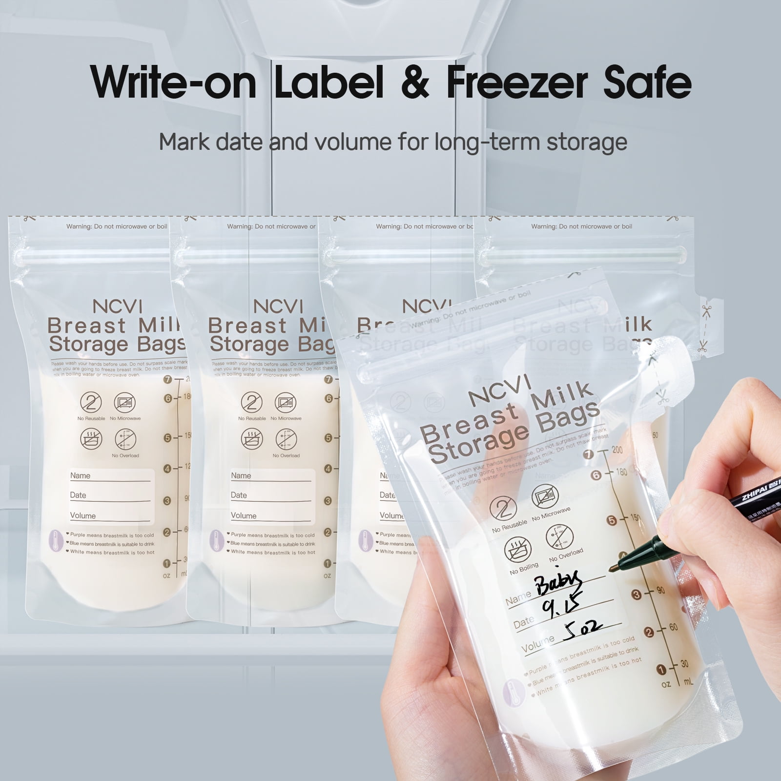 NCVI Breastmilk Storage Bags, Milk Freezer Bags for Long Term Breastfeeding Storage, Temperature Sensor (180 Count)