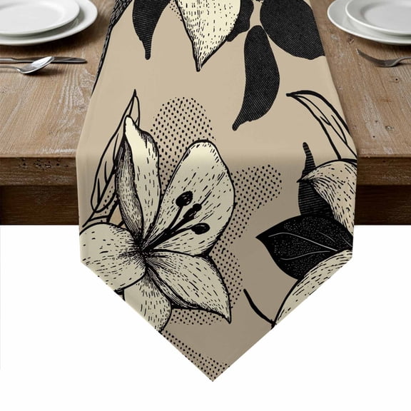 Black Floral Table Runner Linen Burlap Table Runner 72 Inches Long Vintage Khaki Floral Retrp Plant Leaf Dresser Scarves for Kitchen Island Coffee Dining Room Party Holiday Decoration 13"x72"