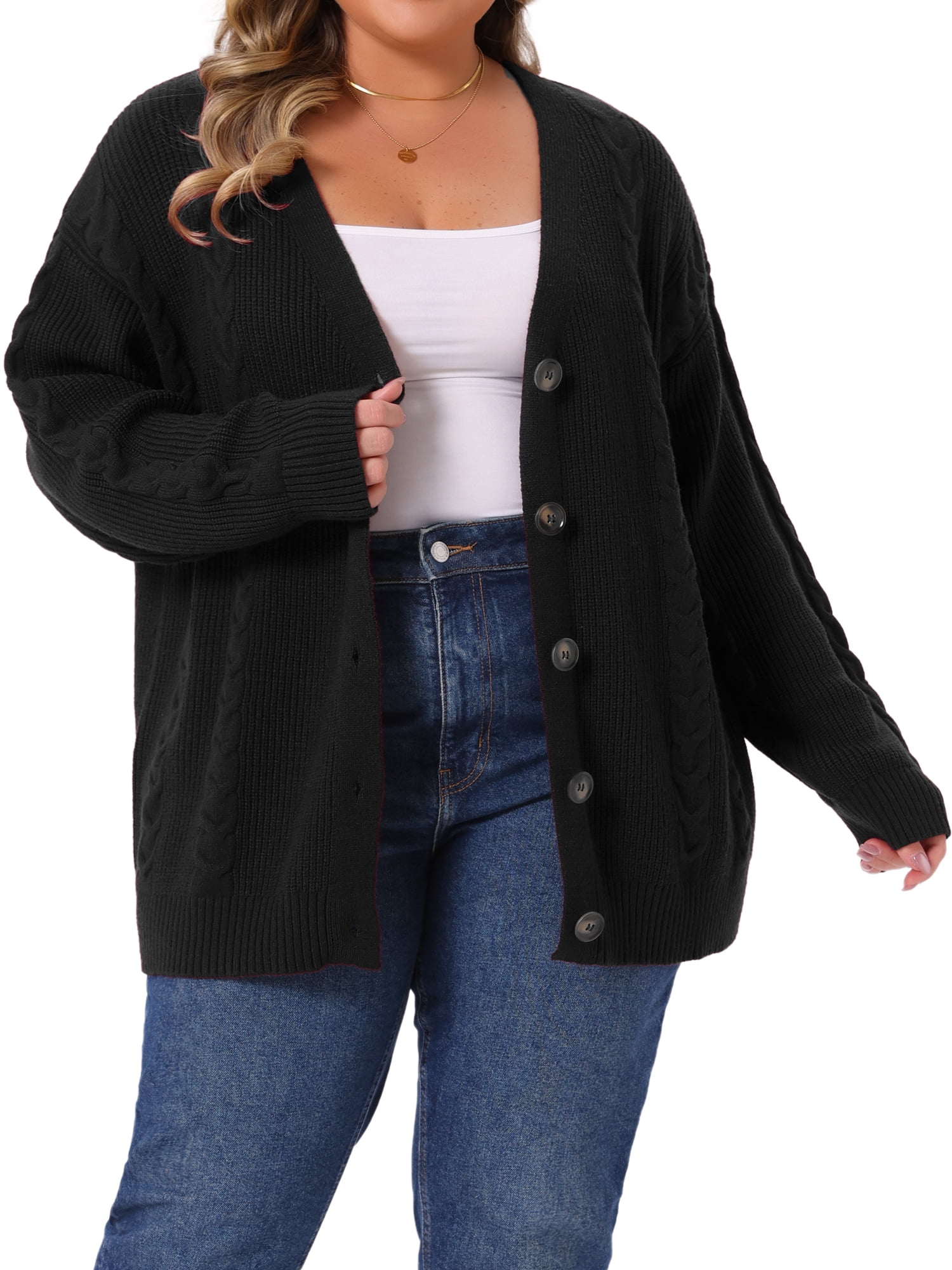 DARING DIVA Women's Plus V Neck Button Down Sweater Oversized Jacket 4X Black