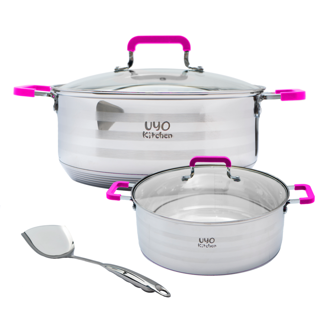 Ollas de Acero Inoxidable UYO KITCHEN con Mango y Asa de Silicón rosa Unitalla