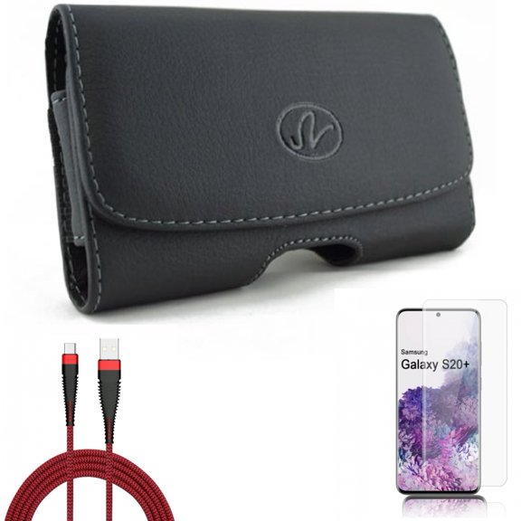 Screen Protector w 10ft USB Cable w Case Belt Clip for Samsung Galaxy S20 Plus - Tempered Glass [Fingerprint Unlock] 3D Curved Edge, Type-C Charger Cord Power, Leather Swivel fits Galaxy S20 Plus