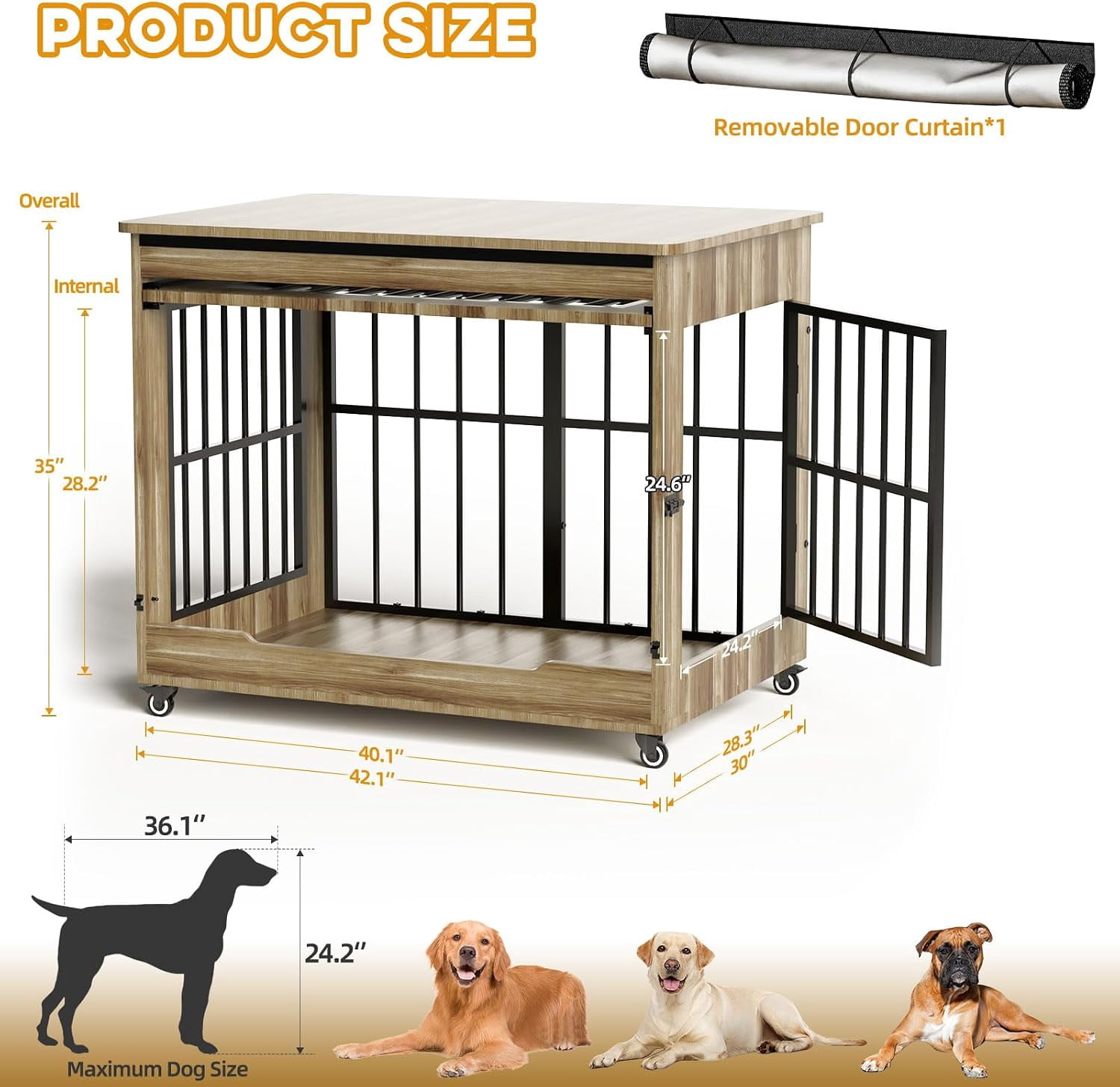42" Wooden Dog Crate Furniture with Double Door, Lockable Wheels & Blackout Curtain, Decorative Indoor Pet Kennel End Table for Large Breed Dogs, Greige