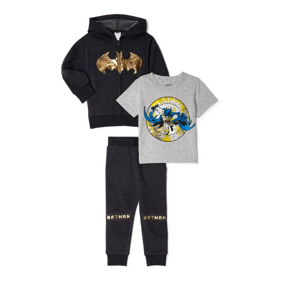 Batman Baby and Toddler Boy Zip Hoodie, Short-Sleeve T-Shirt and Joggers, 3-Piece Outfit Set, Sizes 12M-5T