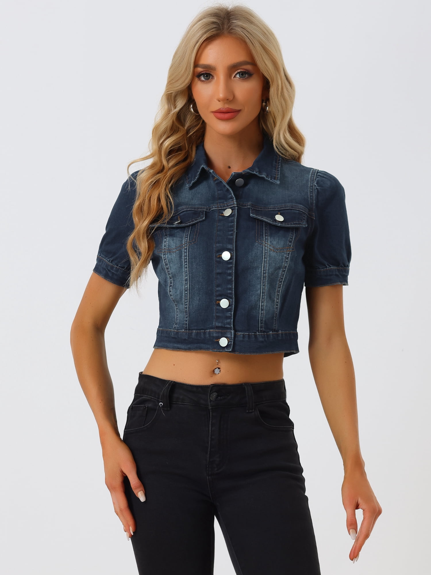 DARING DIVA Women's Cropped Jackets Puff Button Down Washed Denim Jean Jacket XL Dark Blue